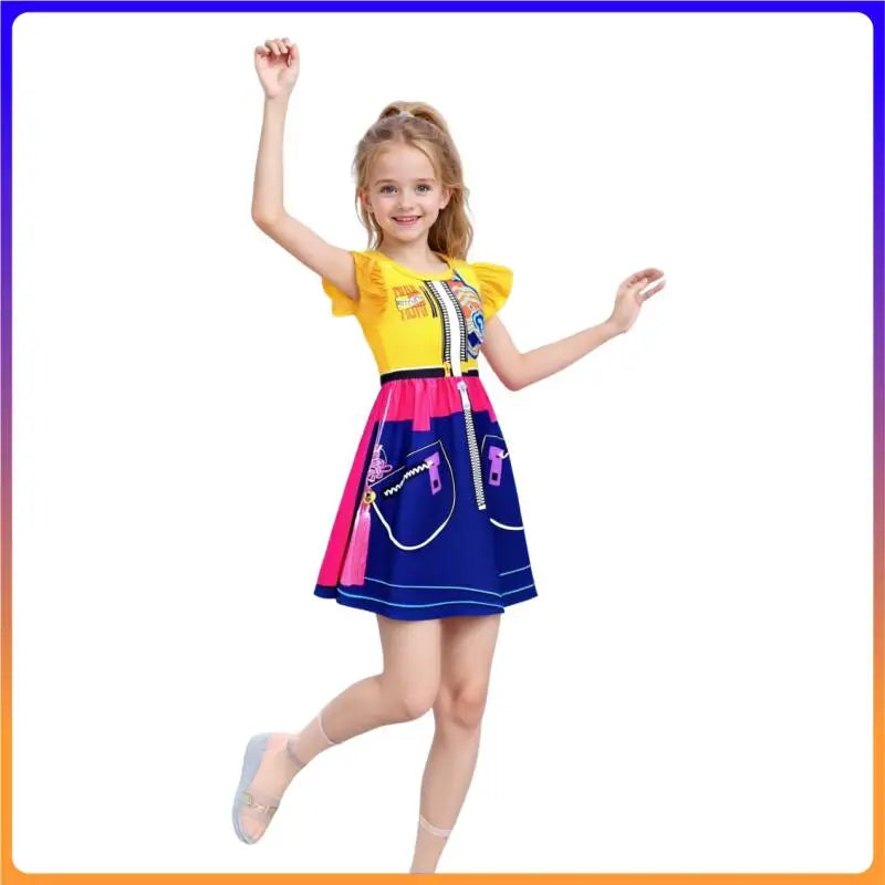 Fantasia Infantil Rumi – Vestido 3D Estampado Amarelo e Azul com Mangas Flutuantes