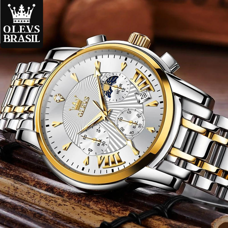 Relógio Masculino Olevs Saint Laurent Gold