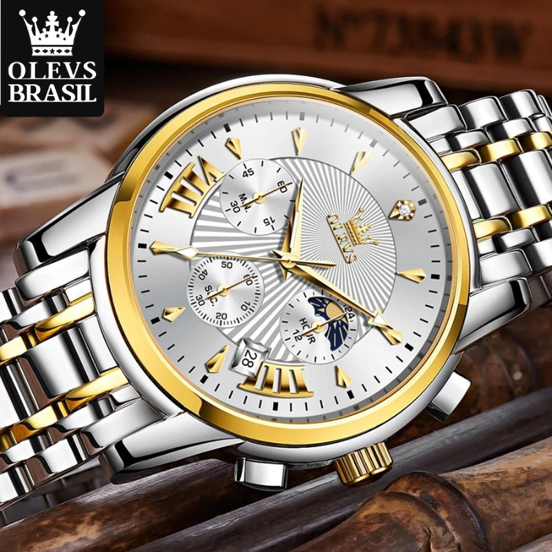 Relógio Masculino Olevs Saint Laurent Gold