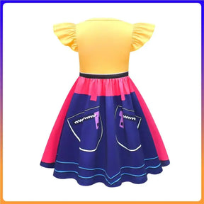 Fantasia Infantil Rumi – Vestido 3D Estampado Amarelo e Azul com Mangas Flutuantes