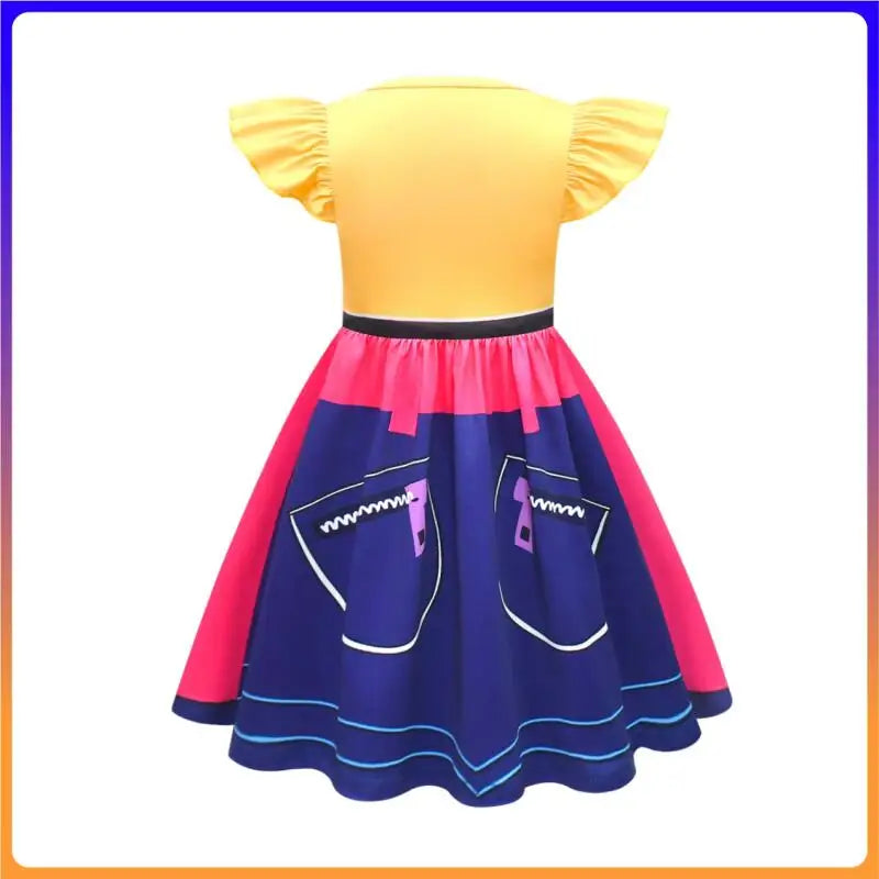 Fantasia Infantil Rumi – Vestido 3D Estampado Amarelo e Azul com Mangas Flutuantes