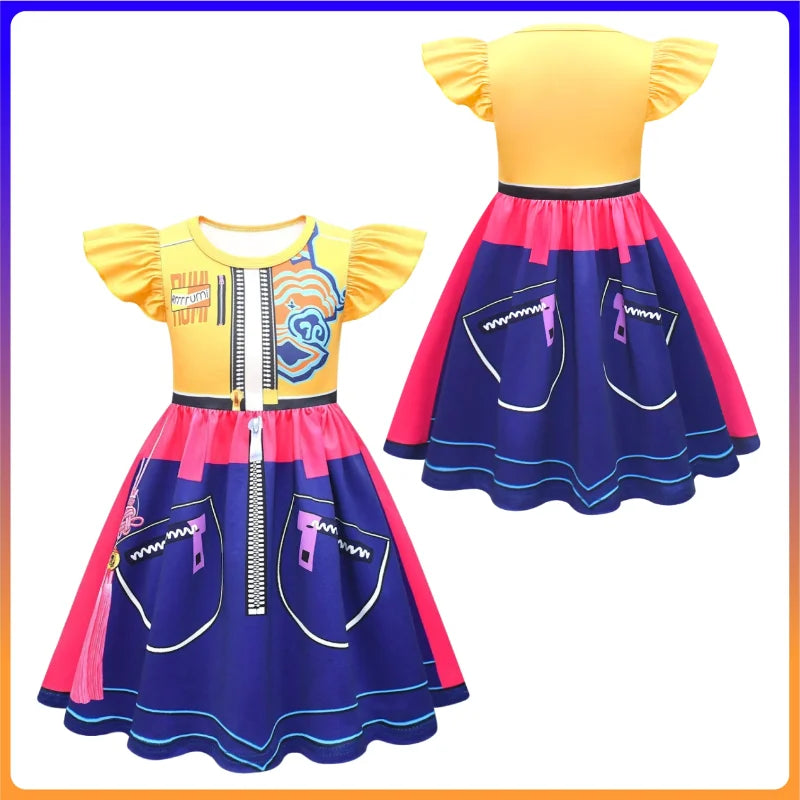 Fantasia Infantil Rumi – Vestido 3D Estampado Amarelo e Azul com Mangas Flutuantes