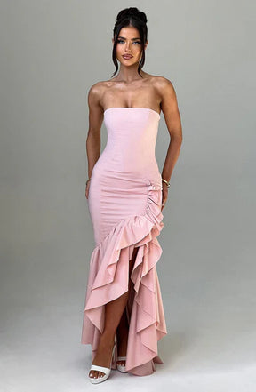 Vestido Longo com Fenda de  Babados Modern Angelina