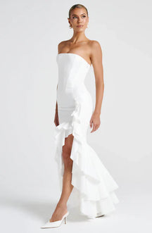 Vestido Longo com Fenda de  Babados Modern Angelina