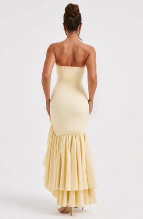 Vestido Longo com Fenda de  Babados Modern Angelina